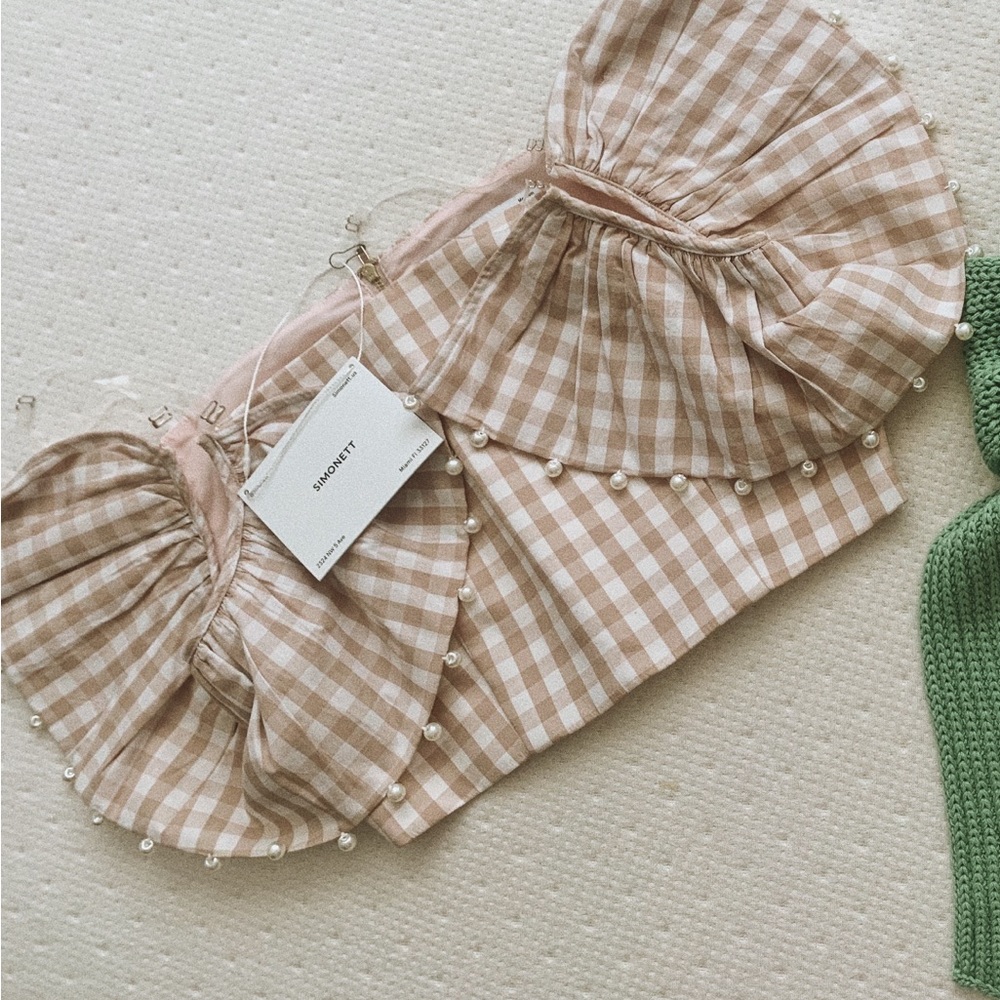SIMONETT plaid top with pearls
